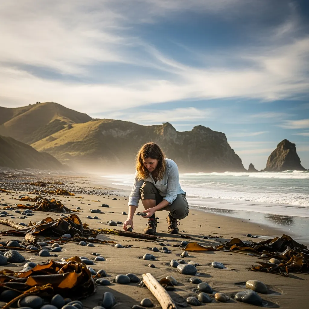 Beachcomber searching for ambergris on the shore