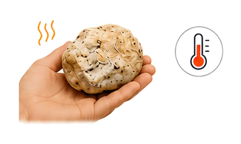 Illustration: a hand holding a pale piece of ambergris, with heat lines and a thermometer