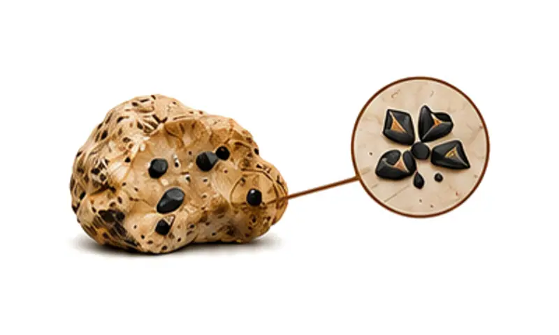 Illustration: a piece of ambergris with dark squid beaks embedded in it, one area magnified in a circle