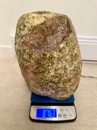The very large grey and green ambergris piece standing on a blue digital scale