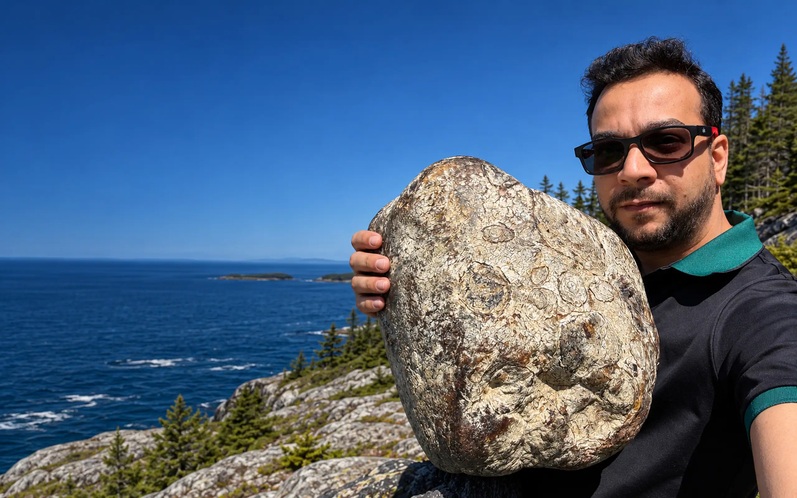 Nabil Valiulla holding a large ringed piece of ambergris on a rocky coast above the sea