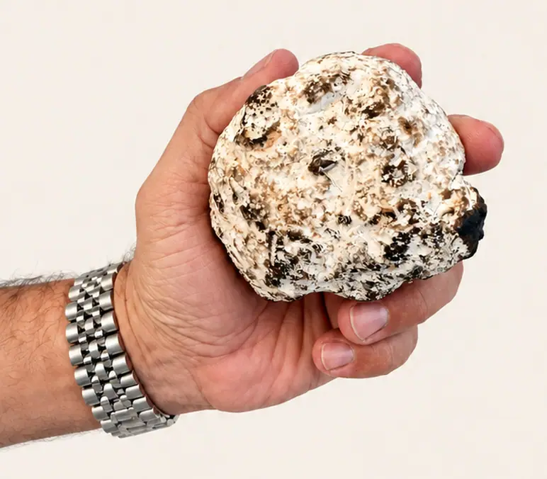 A white piece of ambergris held in hand