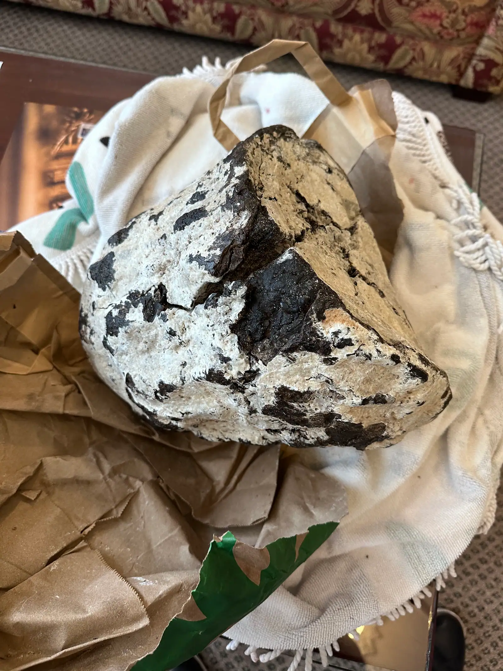 A wedge of ambergris with a white crust, black patches and a tan broken face, on a cloth bag